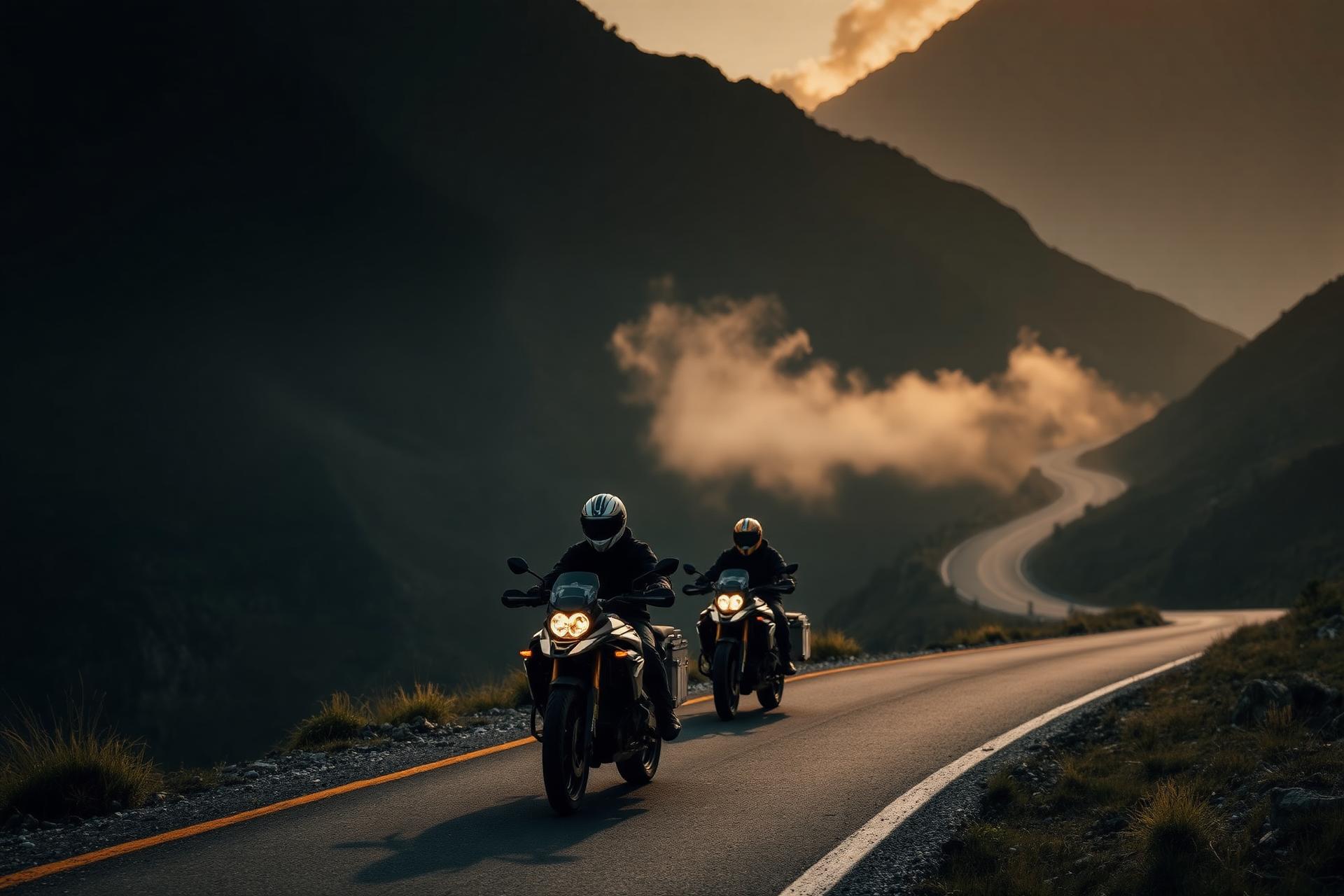 Motorcyclists riding through the Albanian Alps at sunset